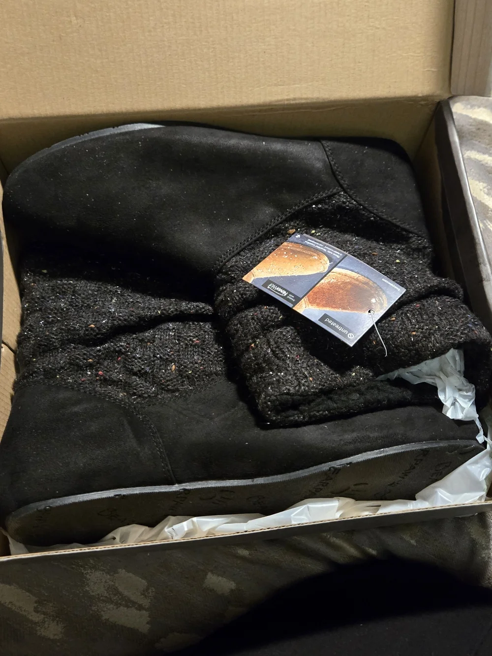 BearPaw Black Faux-Suede Ankle Boots with Knit Cuff Size 11W